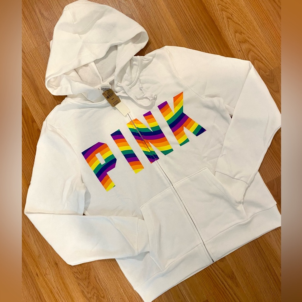 🌈NWT VS PINK RAINBOW WHITE MATCHING SET ZIP UP HOODIE / JOGGERS SIZE MEDIUM! HTF - Picture 4 of 16